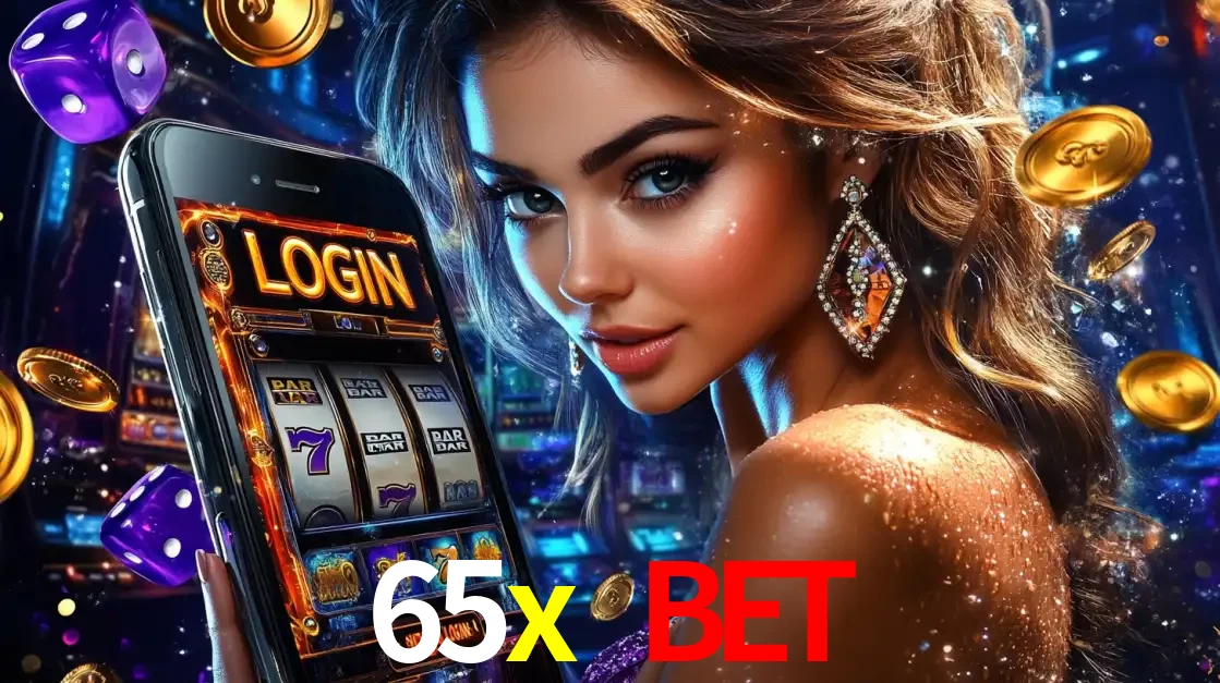 Mulher glamorosa segurando um smartphone com a tela de login para os jogos de caça-níqueis do cassino online 65x bet, com moedas de ouro e dados ao redor.